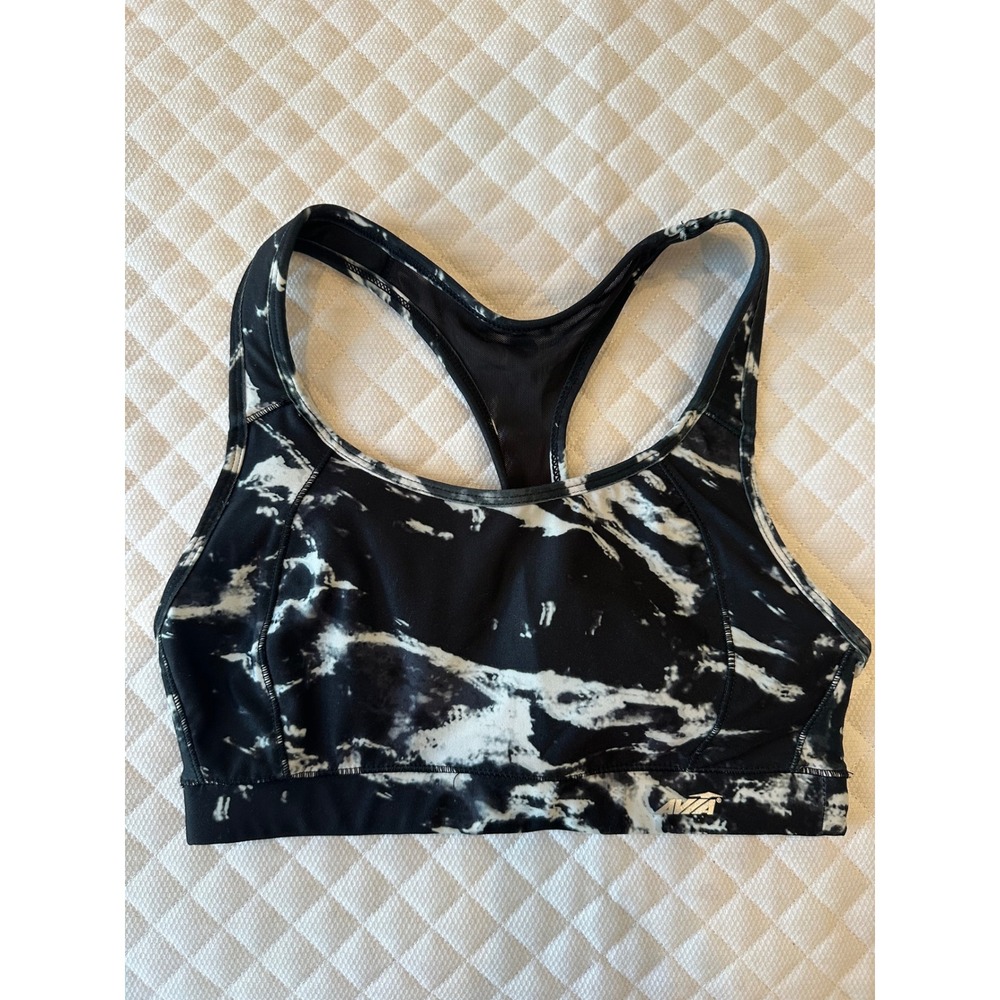 Avia Womens Black White Marble Racerback Sports Bra Size M 8-10 AV14107BR
